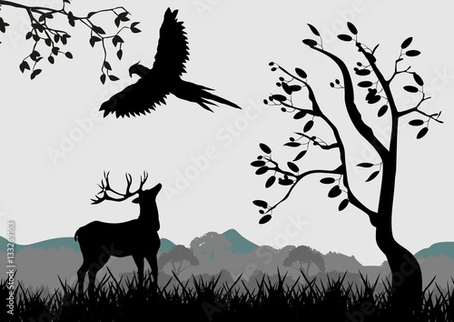 Silhouettes of deer, pheasant and trees vector illustration