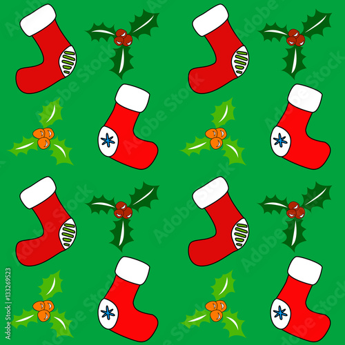 Seamless Christmas Santa stockings and holly wallpaper. Seam free holiday vector stocking pattern.
