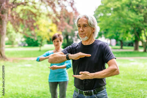 Senior Couple Doing Tai Chi In Park, Tuebingen, Germany