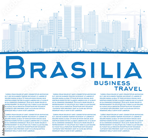 Outline Brasilia Skyline with Blue Buildings and Copy Space.