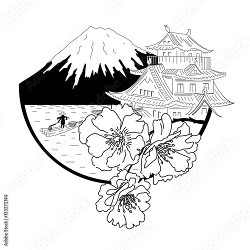 Japan. Hand drawn sketch. Mountain, fisherman, pagoda, sakura. Vector illustration.
