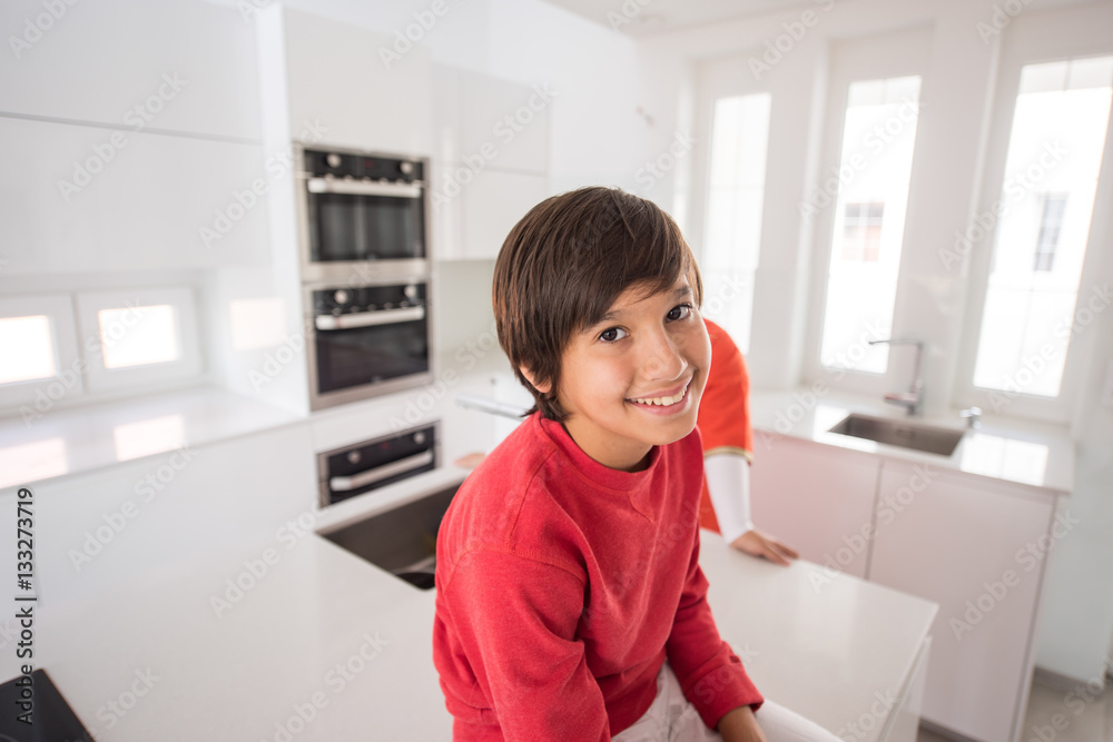 Child inside interior of modern home Child inside interior of modern home