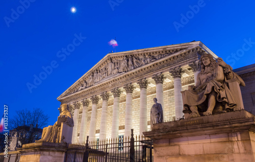 The French  National Assembly at night, Paris, France.