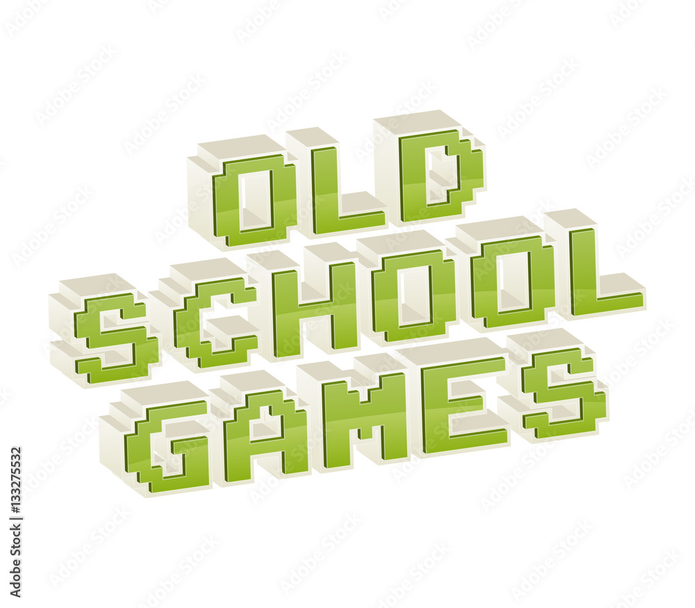 Old School Games text in style of old 8-bit video games. Vibrant 3D fun pixel letters. Vector illustration. Flyer, poster template. Computer Program Screen Old School Games text in style of old 8-bit video games. Vibrant 3D fun pixel letters. Vector illustration. Flyer, poster template. Computer Program Screen