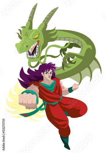 anime japanese martial arts warrior hero with powerful dragon