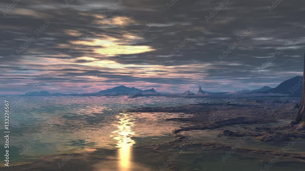 Mountain and lake. Landscape of stranger planet. Animation. 4К Mountain and lake. Landscape of stranger planet. Animation. 4К