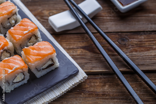 Delicious fresh rolls with salmon closeup