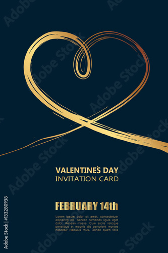 Valentine's Day invitation card with stylized gold hand draw heart on dark background. Vector illustration.