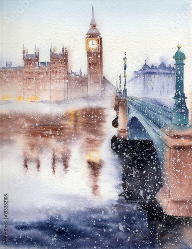 Handwork watercolor illustration. The Big Ben, the Houses of Parliament and Westminster Bridge in London.Winter landscape.