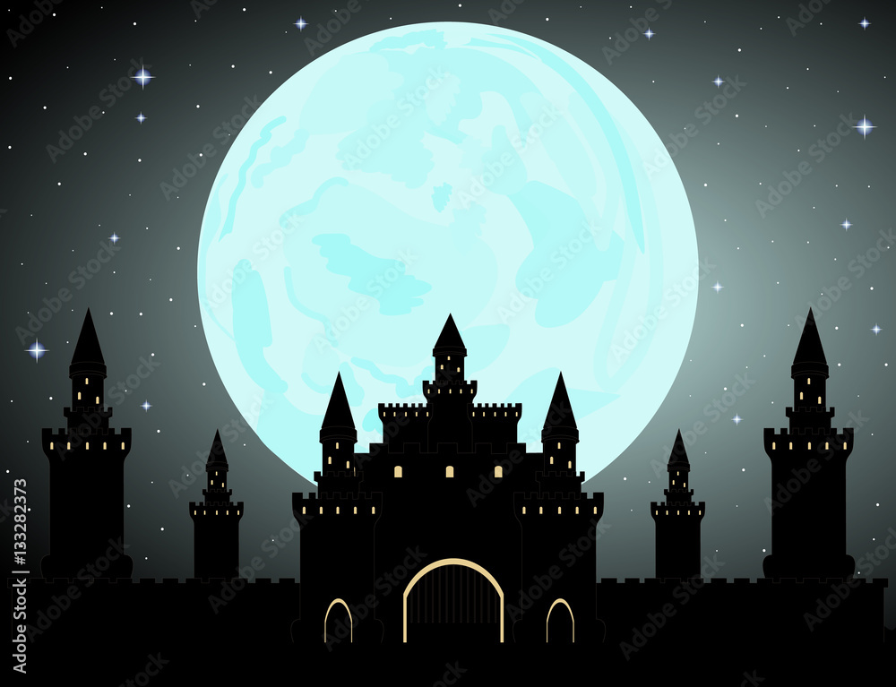 Medieval mystic vector castle with towers and gates on full moon starry background
