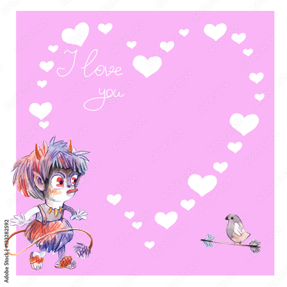 little devil, Valentine's day, illustration, watercolor little devil, Valentine's day, illustration, watercolor
