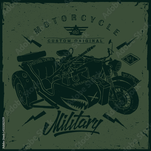 Military Motorcycle whith sidecar hand drawn t-shirt print.