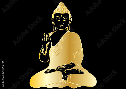 Drawing of a Buddha statue. Art vector illustration of Gautama - gold line art on a black background. Buddhism Religion