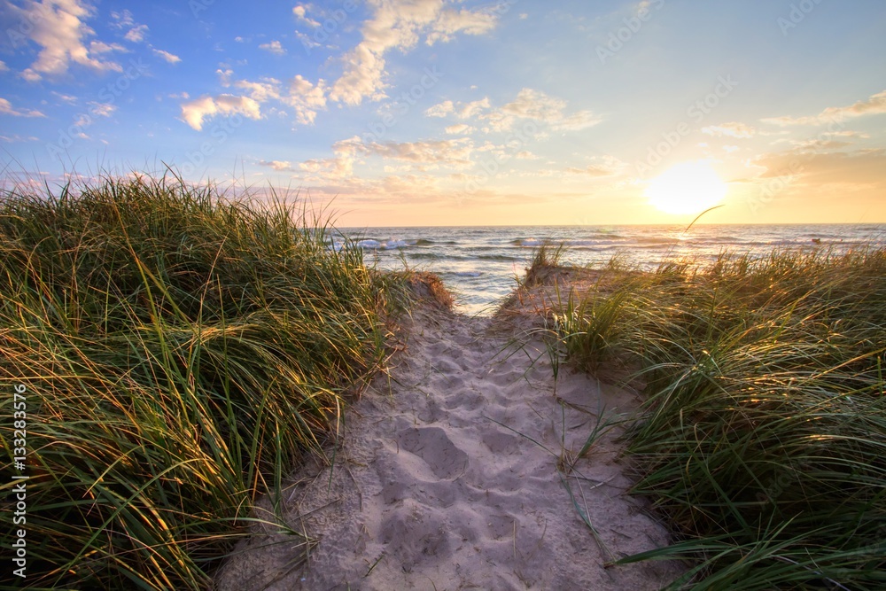 Naklejka premium Path To A Summer Sunset Beach. Sandy beach trail leads to a sunny summer horizon over the open waters of Lake Michigan. Hoffmaster State Park. Muskegon, Michigan.