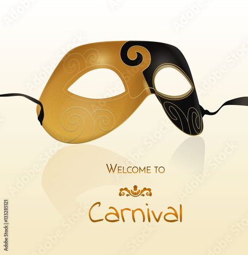 Vector gold carnival mask with shiny texture. Invitation card, welcome to carnival.