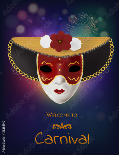 Vector carnival mask with flowers and feathers. Invitation to carnival with colorful shiny background and venetian red mask.