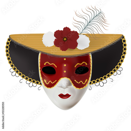 Vector carnival mask with flowers and feathers. Invitation to carnival with colorful shiny background and venetian red mask.