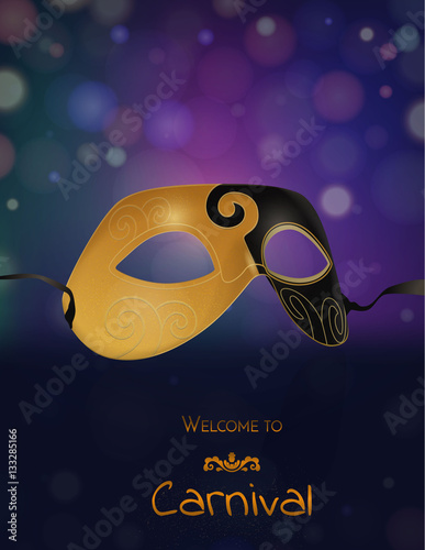 Vector gold carnival mask with shiny texture. Invitation card, welcome to carnival.