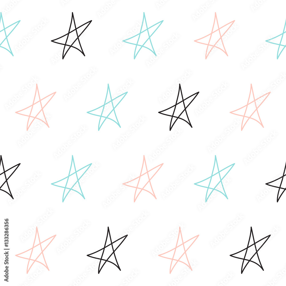 Doodle star seamless background. Black, blue and pink star. Doodle star seamless background. Black, blue and pink star.