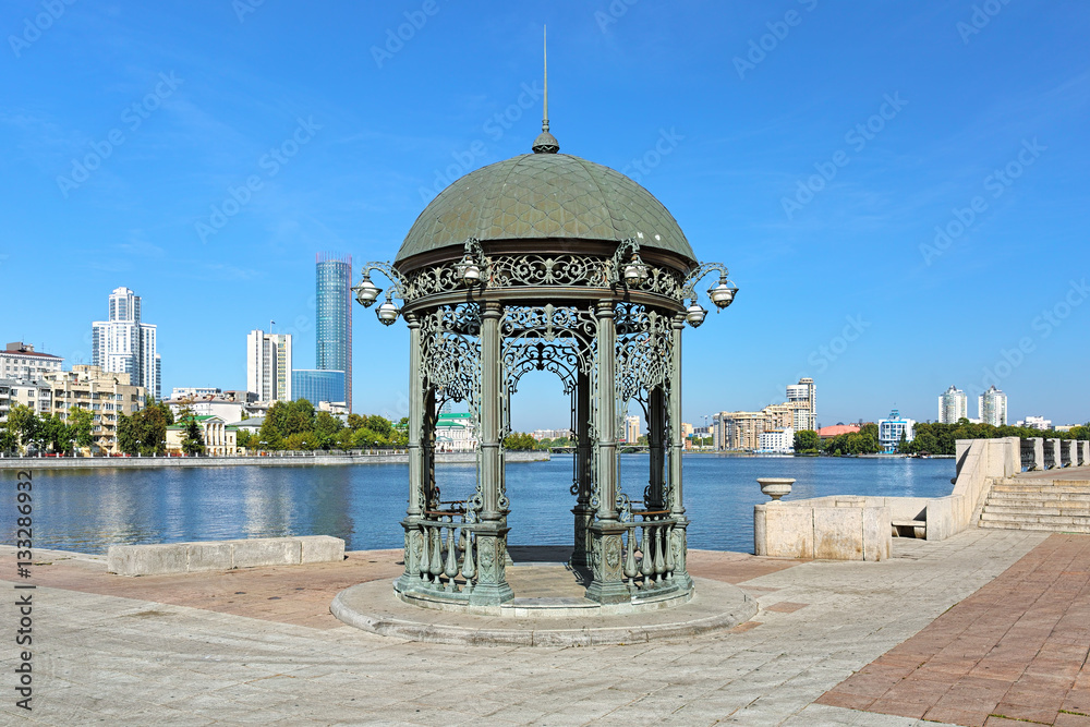 Rotunda on the embabkment of the city pond in Yekaterinburg, Russia