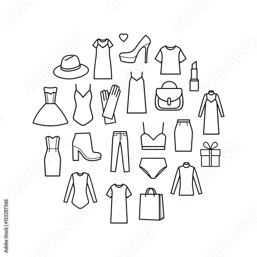Vector icons set of  ladieswear. Fashion set of  women s clothing and accessories
