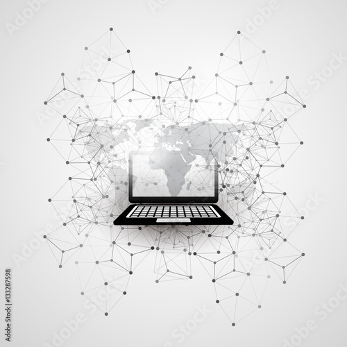 Abstract Cloud Computing and Global Network Connections Concept Design with World Map, Laptop Computer, Wireless Mobile Device, Transparent Geometric Mesh - Illustration in Editable Vector Format