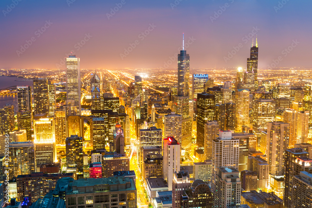 Aerial view of downtown towers at the night