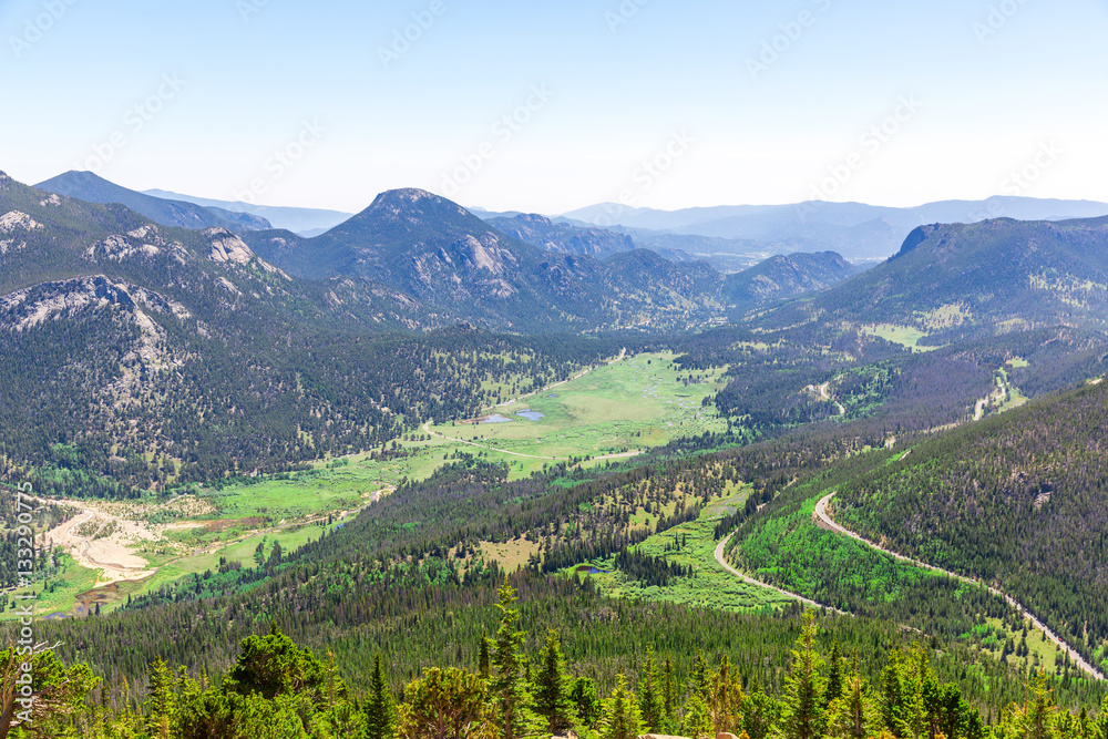 Landscape of valley with evergreen mountains