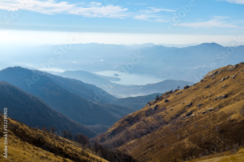 View of mountains and of Lake Orta from the top of Mottarone, Italy photo