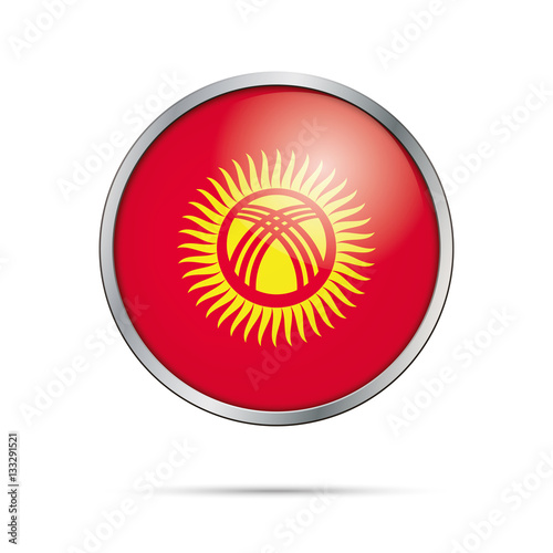 Vector Kyrgyzian flag button. Kyrgyzstan flag  in glass button style with metal frame. photo