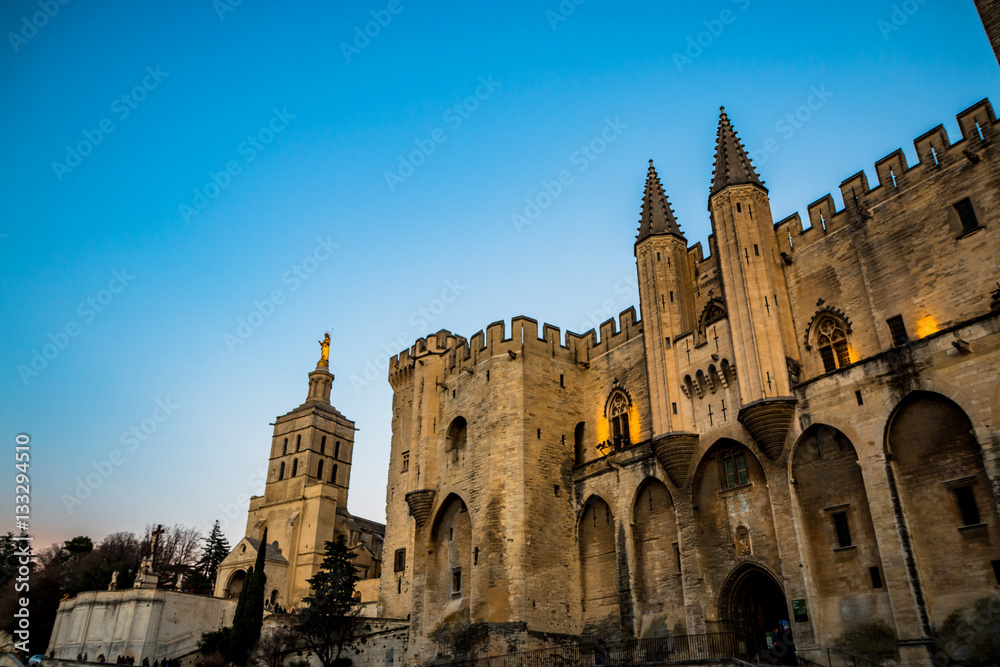 Palais des Papes d'Avignon et Cathédrale Notre-Dame-des-Doms à la nuit venue