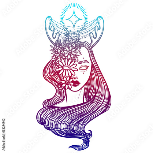 Illustration with beautiful girl Dryad. Mythical female deer with flowers. Tattoo print, coloring books or print clothes.