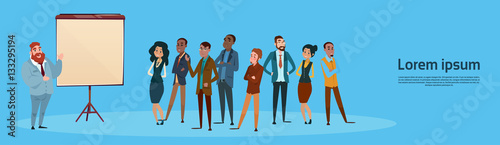 Business People Group Presentation Flip Chart, Businesspeople Team Training Conference Meeting Flat Vector Illustration