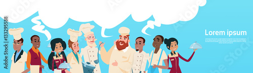 Restaurant Stuff Cook And Waiters Service Mix Race Group Communication Chat Bubble Banner Flat Vector Illustration