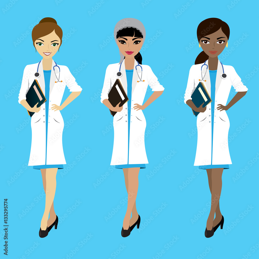 Set of three female doctors in different races on blue backgroun Set of three female doctors in different races on blue backgroun