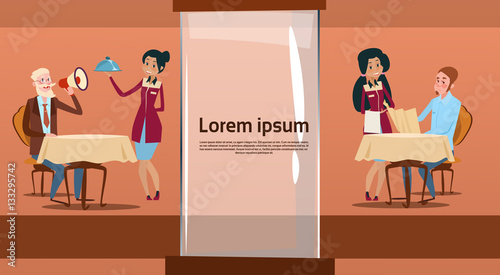 Restaurant Stuff Cook And Waiters Serving Client Mix Race Group Cafe Interior Flat Vector Illustration