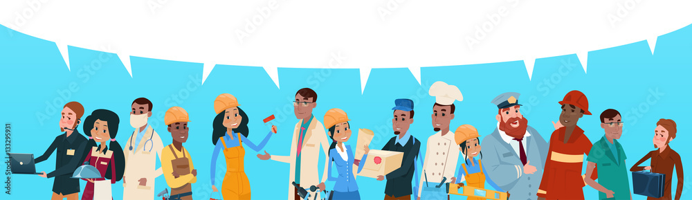 People Group Different Occupation Employees Mix Race Workers With Chat Bubble Network Communication Banner Flat Vector Illustration People Group Different Occupation Employees Mix Race Workers With Chat Bubble Network Communication Banner Flat Vector Illustration