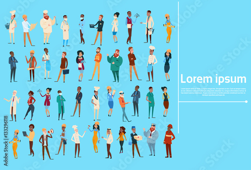 People Group Different Occupation Set, Employees Mix Race Workers Banner Flat Vector Illustration