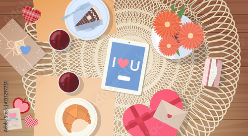 Tablet Valentine Day Gift Card Holiday Decorated Table Top Angle View Flat Vector Illustration