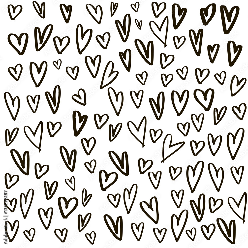 Hearts background made with brush. Expressive romantic hand drawn hearts. Vector Illustration.