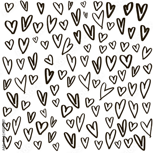 Hearts background made with brush. Expressive romantic hand drawn hearts. Vector Illustration.