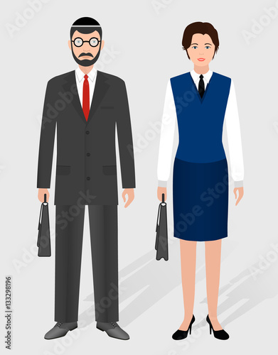 Business people concept. Couple of jewish businessman and businesswoman standing together.