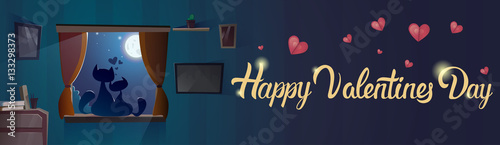 Valentine Day Gift Card Holiday Cat Couple Sitting On Window Sill In Moon Light Flat Vector Illustration