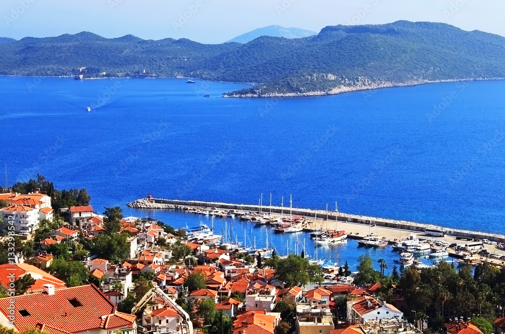 Harbour of city Kas (Kash) in Turkey and Greek island Kastelorizo