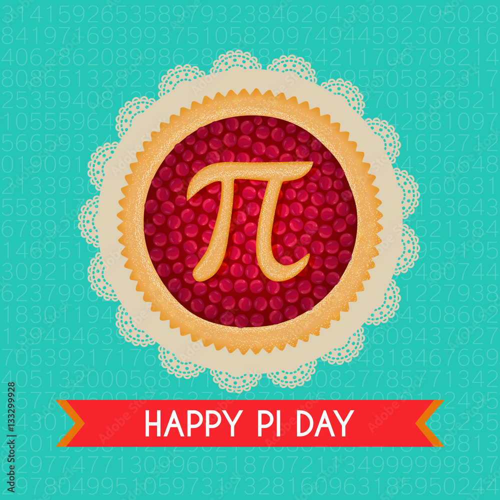 Pi Day vector background. Baked cherry pie with Pi Symbol and ribbon. Mathematical constant, irrational number, greek letter. Abstract digital illustration for March 14th. Poster creative template - obrazy, fototapety, plakaty 