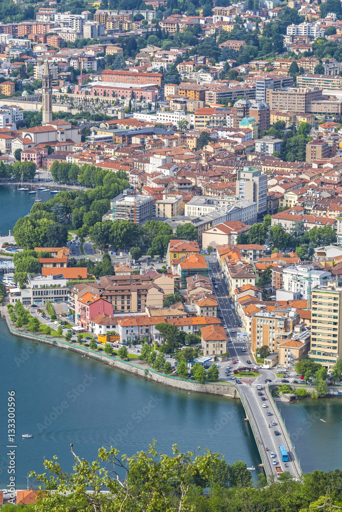 Aerial view of Lecco city and Lake Como, Italy