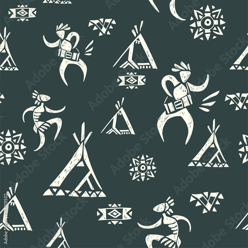 Tribal ornamental texture. Vector seamless pattern.  American indian village. Hand drawn tropical background.