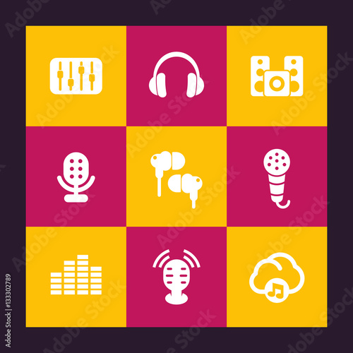 audio icons set, equalizer, sound mixing console, music in cloud, earbuds, headphones, microphones, speakers, vector illustration