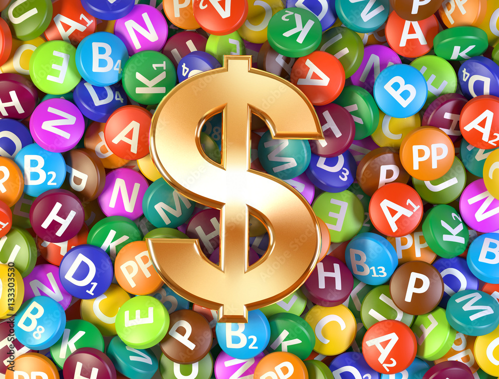Vitamins and dollar sign. Vitamins and dollar sign.