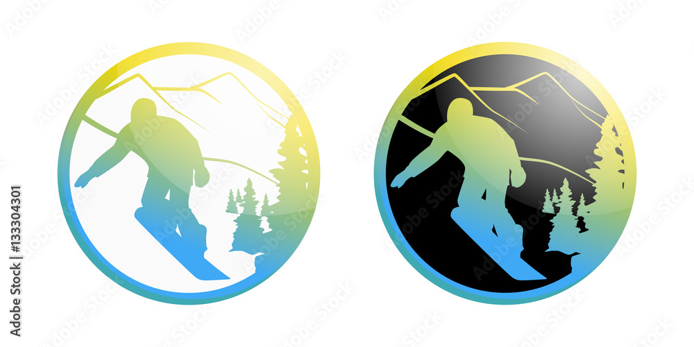 Fototapeta premium icon of the snowboarder who is climbing down a mountain